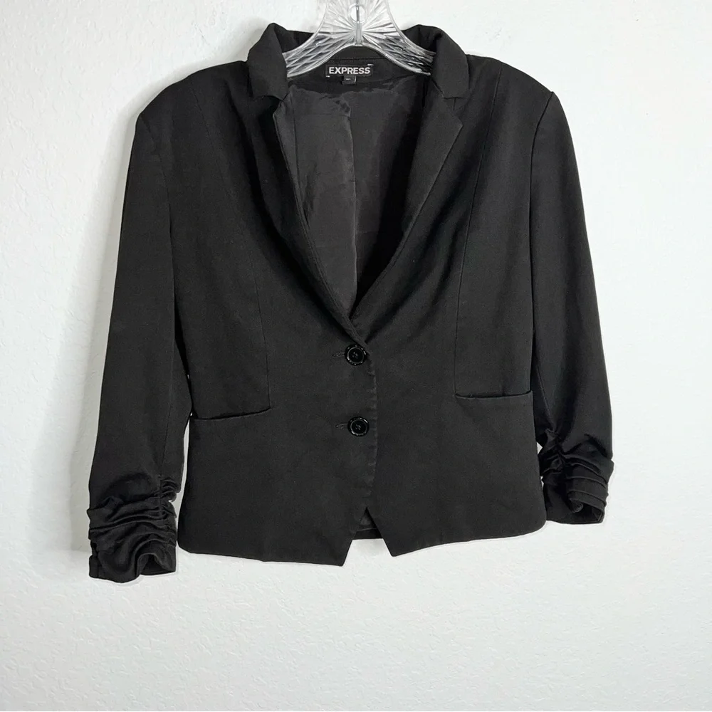 Express Blazer Jacket Women Size 6 Black Button 3/4 Ruched Sleeve Coat  R